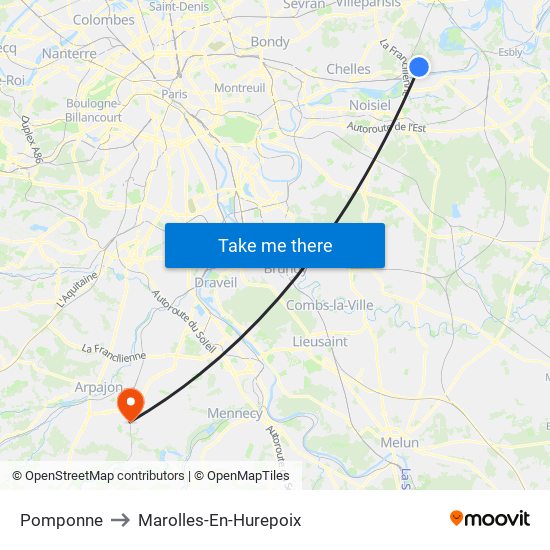 Pomponne to Marolles-En-Hurepoix map