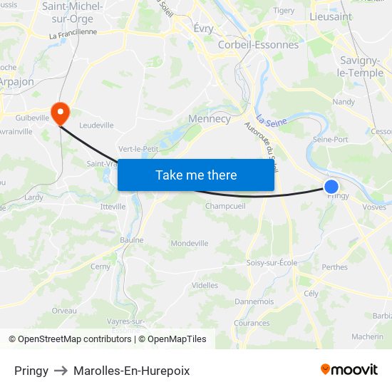 Pringy to Marolles-En-Hurepoix map