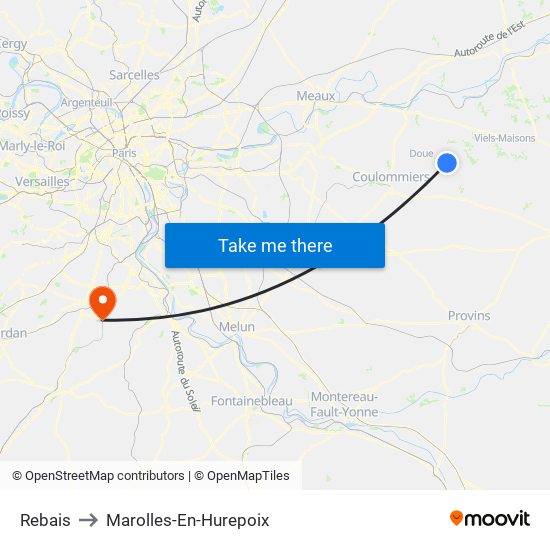 Rebais to Marolles-En-Hurepoix map