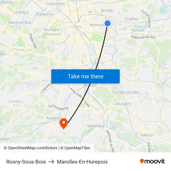 Rosny-Sous-Bois to Marolles-En-Hurepoix map