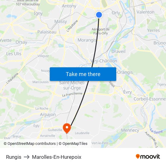 Rungis to Marolles-En-Hurepoix map