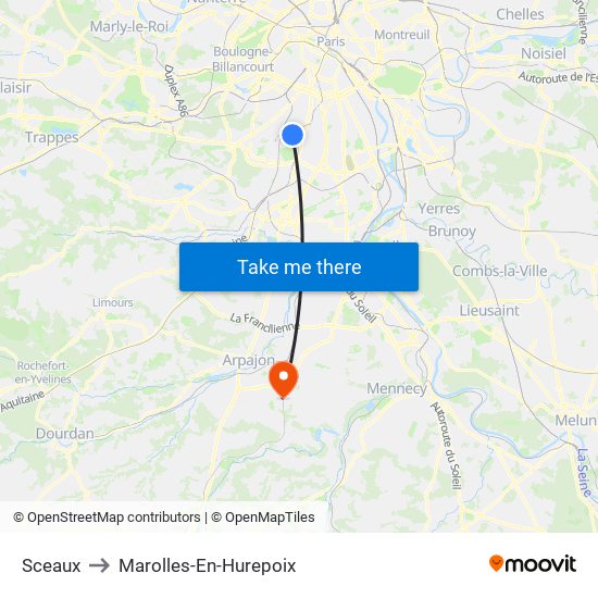 Sceaux to Marolles-En-Hurepoix map