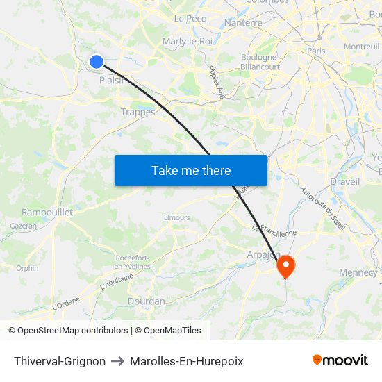 Thiverval-Grignon to Marolles-En-Hurepoix map