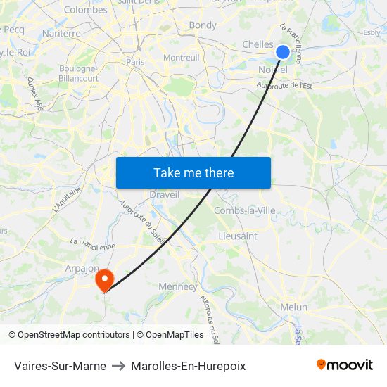 Vaires-Sur-Marne to Marolles-En-Hurepoix map