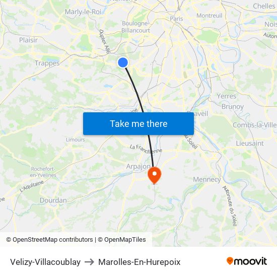 Velizy-Villacoublay to Marolles-En-Hurepoix map