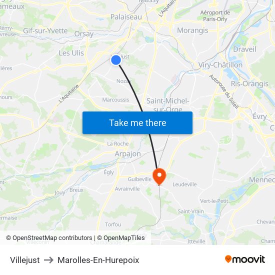 Villejust to Marolles-En-Hurepoix map