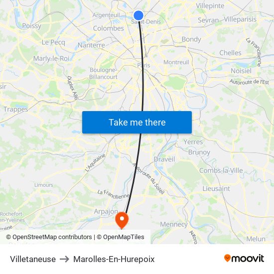 Villetaneuse to Marolles-En-Hurepoix map