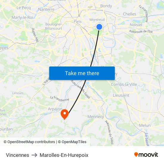 Vincennes to Marolles-En-Hurepoix map