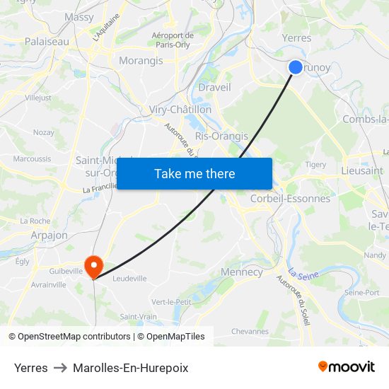 Yerres to Marolles-En-Hurepoix map