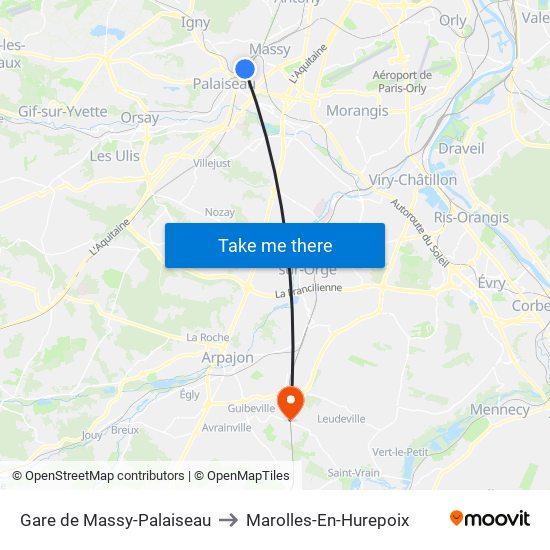 Gare de Massy-Palaiseau to Marolles-En-Hurepoix map