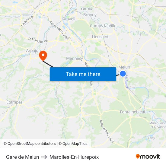 Gare de Melun to Marolles-En-Hurepoix map