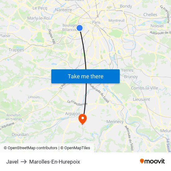 Javel to Marolles-En-Hurepoix map