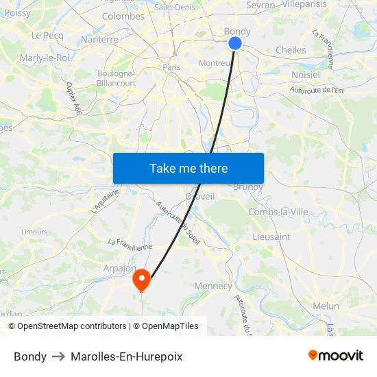 Bondy to Marolles-En-Hurepoix map