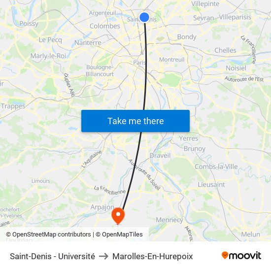 Saint-Denis - Université to Marolles-En-Hurepoix map