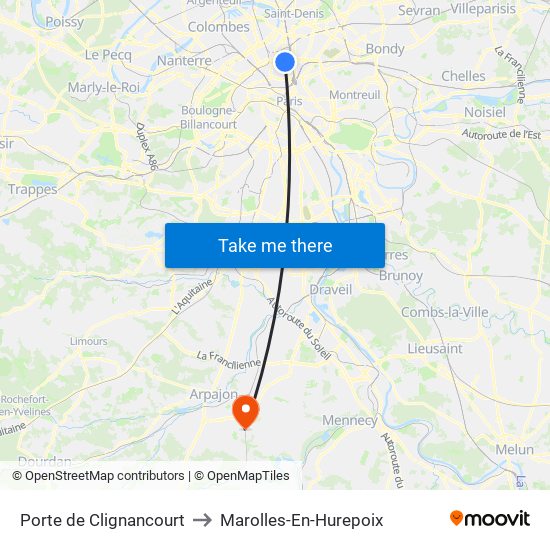 Porte de Clignancourt to Marolles-En-Hurepoix map