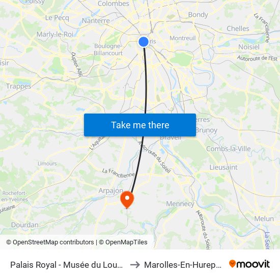 Palais Royal - Musée du Louvre to Marolles-En-Hurepoix map