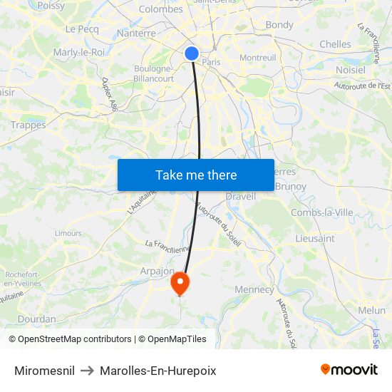 Miromesnil to Marolles-En-Hurepoix map