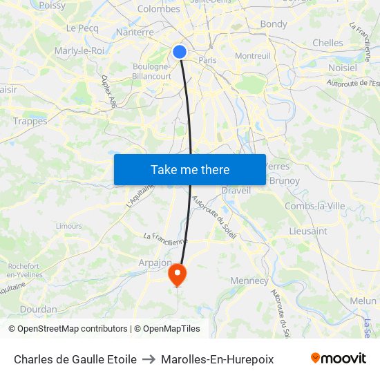 Charles de Gaulle Etoile to Marolles-En-Hurepoix map