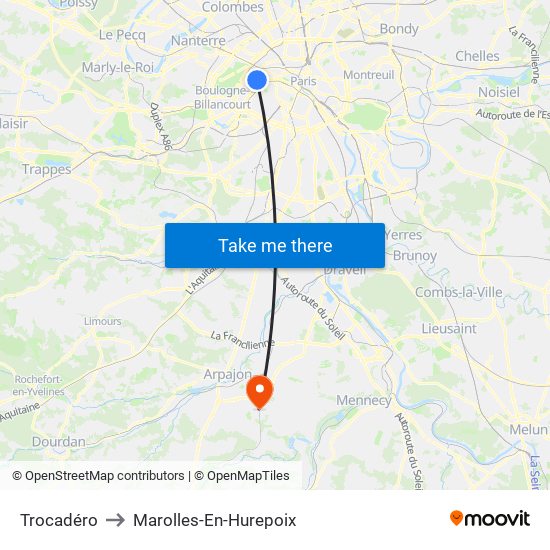 Trocadéro to Marolles-En-Hurepoix map