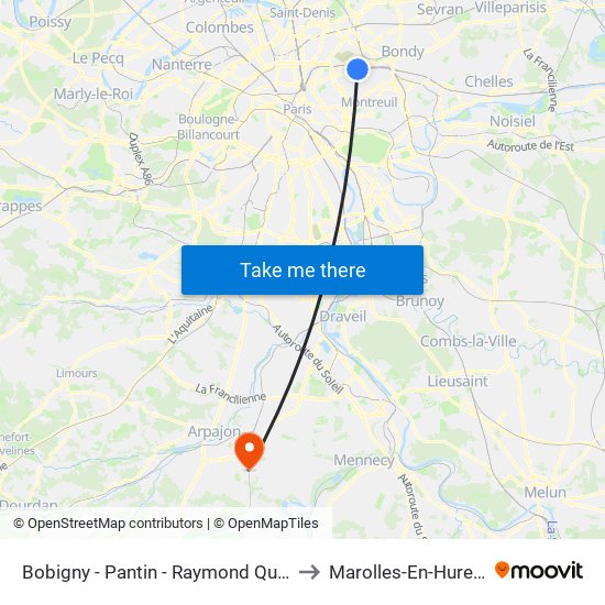 Bobigny - Pantin - Raymond Queneau to Marolles-En-Hurepoix map
