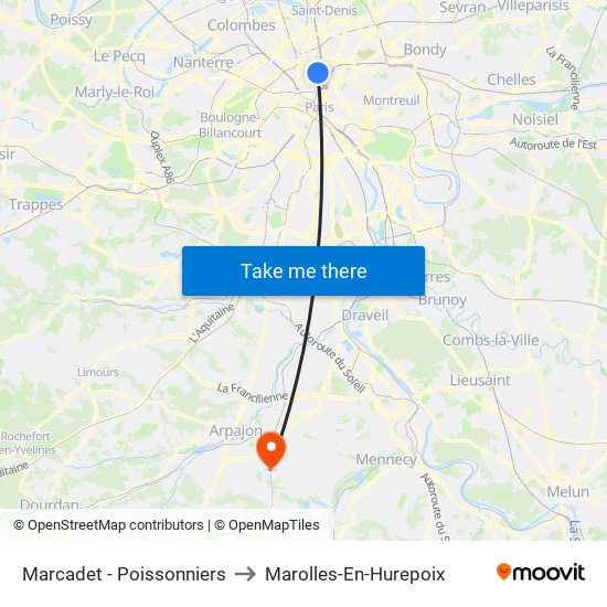 Marcadet - Poissonniers to Marolles-En-Hurepoix map