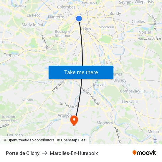 Porte de Clichy to Marolles-En-Hurepoix map