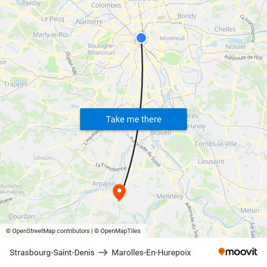 Strasbourg-Saint-Denis to Marolles-En-Hurepoix map