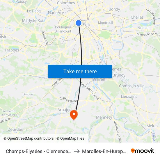 Champs-Élysées - Clemenceau to Marolles-En-Hurepoix map