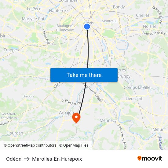 Odéon to Marolles-En-Hurepoix map