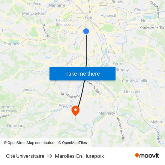 Cité Universitaire to Marolles-En-Hurepoix map