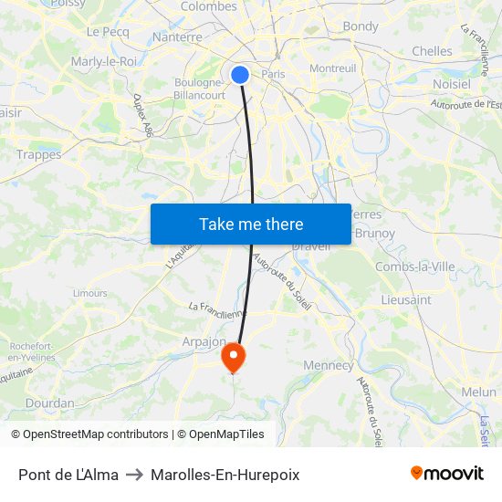 Pont de L'Alma to Marolles-En-Hurepoix map
