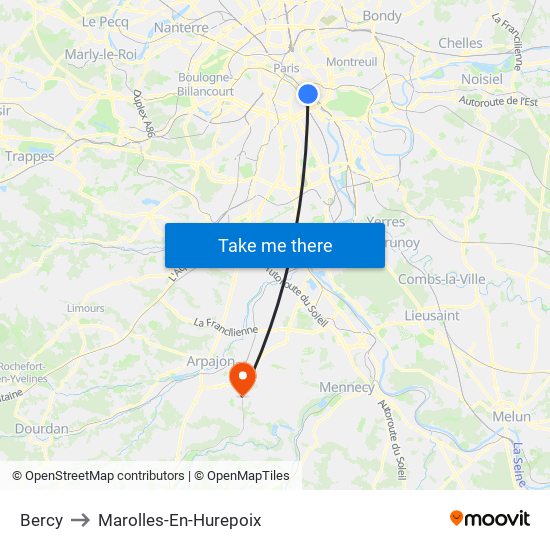 Bercy to Marolles-En-Hurepoix map