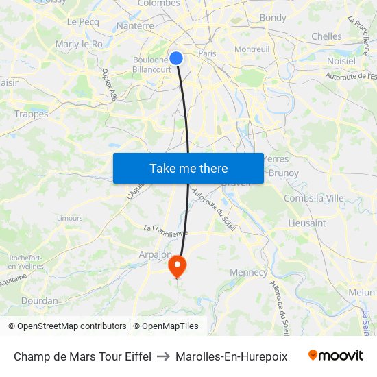 Champ de Mars Tour Eiffel to Marolles-En-Hurepoix map