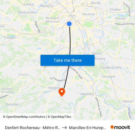 Denfert-Rochereau - Métro-Rer to Marolles-En-Hurepoix map