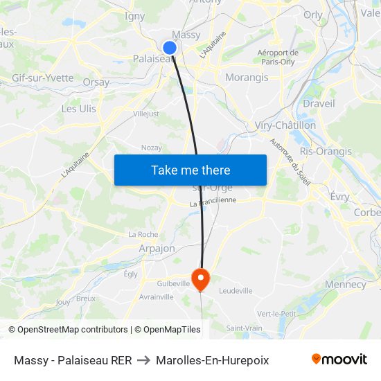 Massy - Palaiseau RER to Marolles-En-Hurepoix map