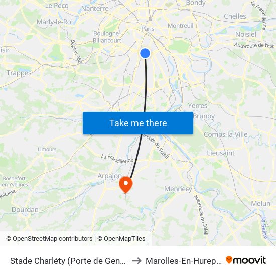 Stade Charléty (Porte de Gentilly) to Marolles-En-Hurepoix map