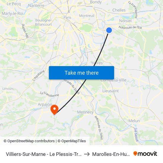 Villiers-Sur-Marne - Le Plessis-Trévise RER to Marolles-En-Hurepoix map