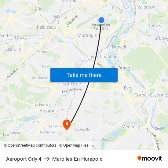 Aéroport Orly 4 to Marolles-En-Hurepoix map