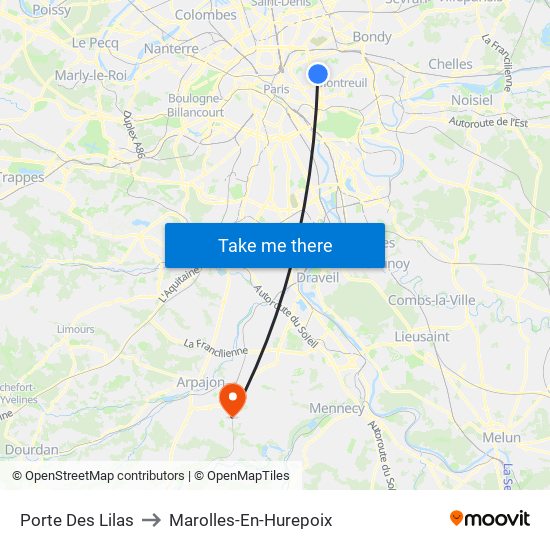 Porte Des Lilas to Marolles-En-Hurepoix map