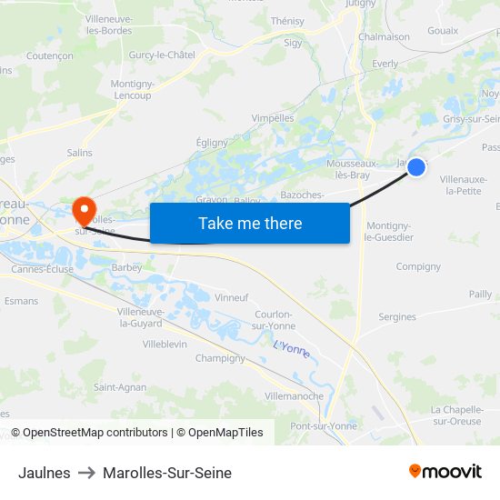 Jaulnes to Marolles-Sur-Seine map