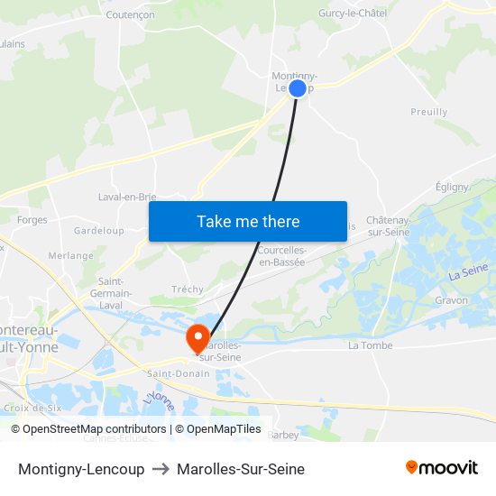 Montigny-Lencoup to Marolles-Sur-Seine map