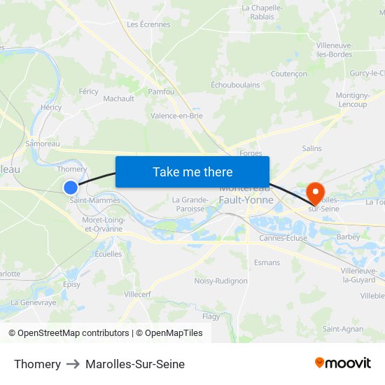 Thomery to Marolles-Sur-Seine map