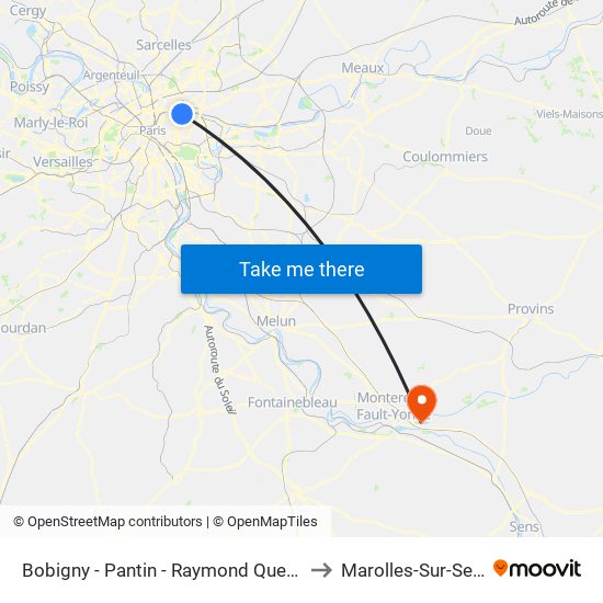 Bobigny - Pantin - Raymond Queneau to Marolles-Sur-Seine map