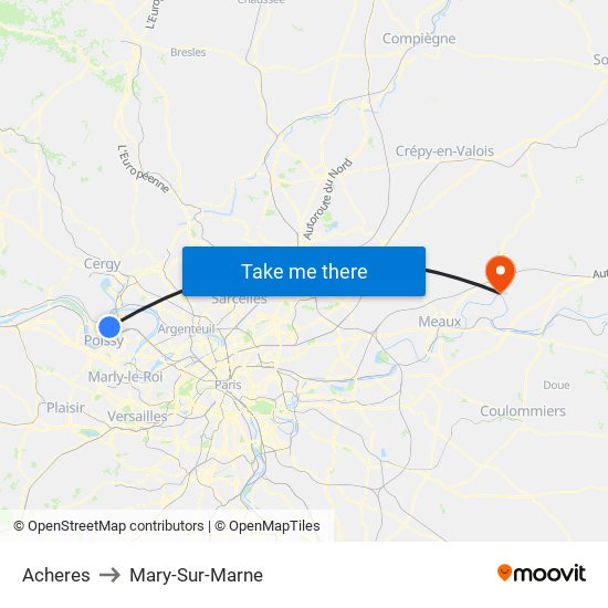 Acheres to Mary-Sur-Marne map