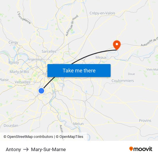 Antony to Mary-Sur-Marne map