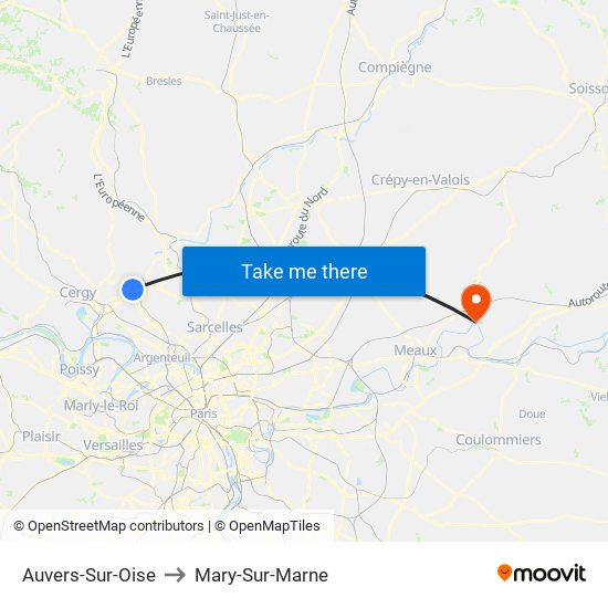 Auvers-Sur-Oise to Mary-Sur-Marne map
