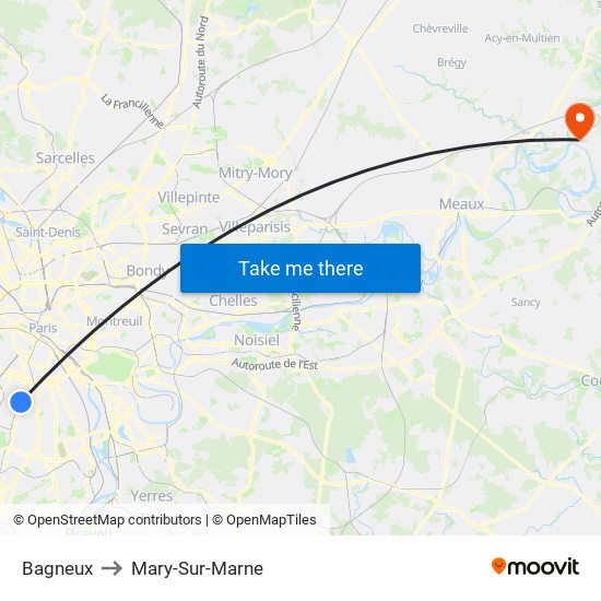 Bagneux to Mary-Sur-Marne map