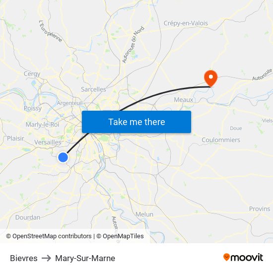 Bievres to Mary-Sur-Marne map