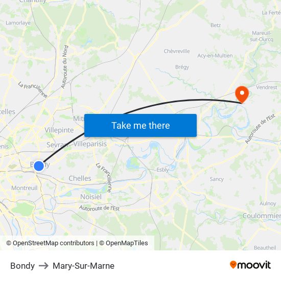 Bondy to Mary-Sur-Marne map