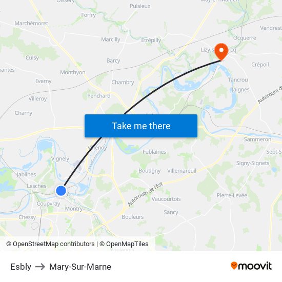 Esbly to Mary-Sur-Marne map